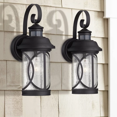 John Timberland Capistrano Mission Outdoor Wall Light Fixtures Set Of 2 Black Dusk To Dawn Motion Sensor 15 3/4" Clear Seeded Glass For Post Exterior 1 John Timberland Capistrano Mission Outdoor Wall Light Fixtures Set Of 2 Black Dusk To Dawn Motion Sensor 15 3/4" Clear Seeded Glass For Post Exterior