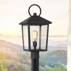 John Timberland Westmont 20 3/4" High Modern Outdoor Post Light Fixture Pole Porch House Exterior Weatherproof Sand Black Aluminum Seeded Glass Shade