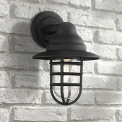 John Timberland Marlowe Rustic Industrial Farmhouse Outdoor Wall Light Fixture Black Hooded Cage 13" Clear Glass For Post Exterior Barn Deck House