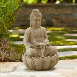 Calm Buddha 22" High Large Indoor Outdoor Decor Sand Stone Floor Fountain With Light LED Waterfall Outside Garden Patio