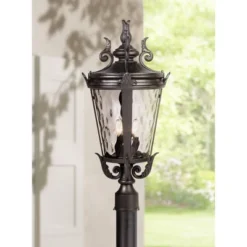 John Timberland Casa Marseille Vintage Outdoor Post Light Textured Black Scroll 25" Clear Hammered Glass For Exterior Barn Deck House Porch Yard Home