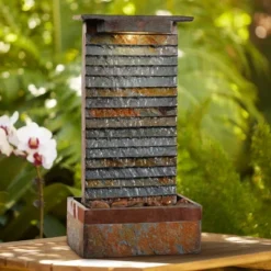 Stave 19" High Small Rustic Zen Indoor Outdoor Decor Slate Stone Tabletop Fountain With Light LED Waterfall Outside Garden Patio