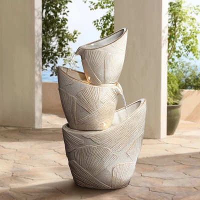 John Timberland Three Urn With Leaves Rustic Cascading Outdoor Floor Water Fountain With LED Light 30" For Yard Garden Patio Home Deck Porch Exterior 1 John Timberland Three Urn With Leaves Rustic Cascading Outdoor Floor Water Fountain With LED Light 30" For Yard Garden Patio Home Deck Porch Exterior