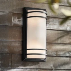 John Timberland Habitat 16" High Modern Outdoor Wall Sconce Light Fixture Mount Porch House Exterior Weatherproof Black Metal Frosted Glass Shade