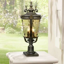 John Timberland Casa Marseille Vintage Rustic Post Light Veranda Bronze Scroll With Pier Mount Adapter 29" Champagne Hammered Glass For Exterior Deck