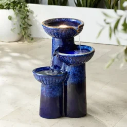 John Timberland Modern Outdoor Floor Water Fountain With Light LED 26 3/4" High Cascading Bowls For Yard Garden Patio Deck