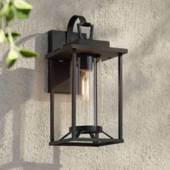 John Timberland Frederick 15 1/2" High Industrial Outdoor Wall Light Fixture Mount Porch House Weatherproof Sand Black Finish Metal Clear Glass Shade