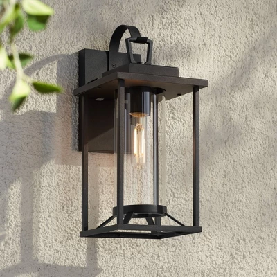 John Timberland Frederick 15 1/2" High Industrial Outdoor Wall Light Fixture Mount Porch House Weatherproof Sand Black Finish Metal Clear Glass Shade 1 John Timberland Frederick 15 1/2" High Industrial Outdoor Wall Light Fixture Mount Porch House Weatherproof Sand Black Finish Metal Clear Glass Shade