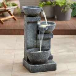 Three Bowls 32 1/4" High Large Modern Indoor Outdoor Decor Gray Faux Stone Floor Fountain With Light LED Cascading Outside Garden