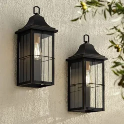 John Timberland Sunderland Vintage Outdoor Wall Light Fixtures Set Of 2 Black Metal 18 1/2" Clear Glass Panels For Post Exterior Barn Deck
