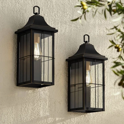 John Timberland Sunderland Vintage Outdoor Wall Light Fixtures Set Of 2 Black Metal 18 1/2" Clear Glass Panels For Post Exterior Barn Deck 1 John Timberland Sunderland Vintage Outdoor Wall Light Fixtures Set Of 2 Black Metal 18 1/2" Clear Glass Panels For Post Exterior Barn Deck