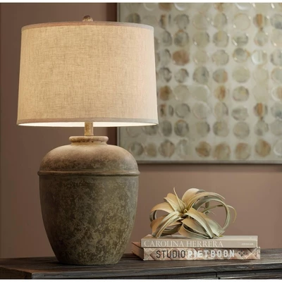 John Timberland Otero Rustic Table Lamp Southwest 27" Tall Faux Mottled Stone Cream Linen Drum Shade For Bedroom Living Room Bedside Nightstand Kids 2 John Timberland Otero Rustic Table Lamp Southwest 27" Tall Faux Mottled Stone Cream Linen Drum Shade For Bedroom Living Room Bedside Nightstand Kids - Image 2