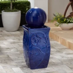 Periwinkle 29 1/4" High Large Zen Outdoor Decor Blue Ceramic Floor Fountain With Light LED Standing Outside Garden Patio Yard