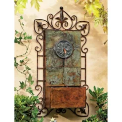 Ibizi 33" High Large Rustic Traditional Indoor Outdoor Decor Faux Stone Wall Fountain With Light LED Iron Scroll Outside Garden