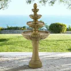 Sag Harbor 66" High Large Italian Outdoor Decor Sand Stone Floor Fountain With Light LED 4-Tier Outside Garden Patio Yard Backyard