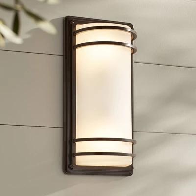 John Timberland Habitat Modern Industrial Outdoor Wall Light Fixtures Set Of 2 Rubbed Bronze 16" Opal Glass For Post Exterior Barn Deck 5 John Timberland Habitat Modern Industrial Outdoor Wall Light Fixtures Set Of 2 Rubbed Bronze 16" Opal Glass For Post Exterior Barn Deck - Image 5