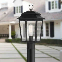 John Timberland Bellis Verde 16" High Traditional Outdoor Post Mount Light Fixture Pole Porch Waterproof Textured Black Metal Clear Glass Shade