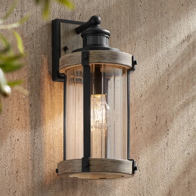 John Timberland Stan Rustic Farmhouse Outdoor Wall Light Fixture Gray Faux Wood Black Motion Sensor 15 1/2" Clear Ribbed Glass For Post Exterior Barn 1 John Timberland Stan Rustic Farmhouse Outdoor Wall Light Fixture Gray Faux Wood Black Motion Sensor 15 1/2" Clear Ribbed Glass For Post Exterior Barn