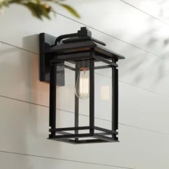 John Timberland North House Mission Outdoor Wall Light Fixture Matte Black Metal 16" Clear Glass For Post Exterior Barn Deck House Porch Yard Patio