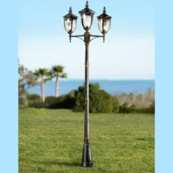 John Timberland Bellagio Vintage Outdoor Post Light Veranda Bronze 3-Light Street Lantern 96" Clear Hammered Glass For Exterior Barn Deck House Porch