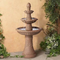 Santa Cruz 45 3/4" High Large Italian Outdoor Decor Faux Stone Floor Fountain With Light LED 3-Tier Outside Garden Patio Yard