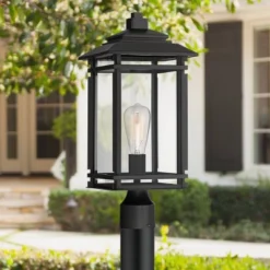 John Timberland Mission Outdoor Post Light Fixture Matte Black Metal 19 1/2" Clear Glass For Exterior House Porch Patio Deck Home