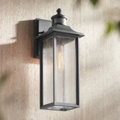 John Timberland Mission Outdoor Wall Light Fixture Black Dusk To Dawn Motion Sensor 16 1/2" Seeded Glass For Exterior House Porch