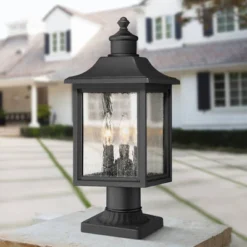 John Timberland Moray Bay 17" High Mission Outdoor Post Light Fixture Pole Porch House With Pier Mount Adapter 3-Light Black Metal Seeded Glass Shade