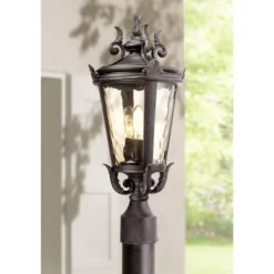 John Timberland Casa Marseille Vintage Outdoor Post Light Veranda Bronze Ornate Scroll 20 1/2" Champagne Hammered Glass For Exterior Desk House Porch