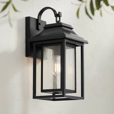 John Timberland Cecile 18 1/4" High Mission Framed Box Outdoor Wall Light Fixture Mount Porch House Waterproof Shiny Black Aluminum Seeded Glass Shade 1 John Timberland Cecile 18 1/4" High Mission Framed Box Outdoor Wall Light Fixture Mount Porch House Waterproof Shiny Black Aluminum Seeded Glass Shade