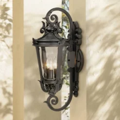 John Timberland Casa Marseille Vintage Rustic Outdoor Wall Light Fixture Black Scroll Arm 21 1/2" Clear Hammered Glass For Post Exterior Barn Deck