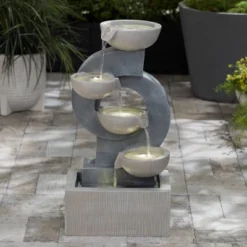 Tarin Four Bowl 23 1/2" High Large Modern Indoor Outdoor Decor Gray Faux Stone Floor Fountain With Light LED Cascading Outside