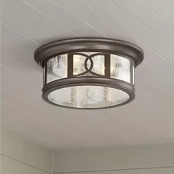 John Timberland Modern Flush Mount Outdoor Ceiling Light Fixture Mission Oil Rubbed Bronze Drum 12" Seedy Glass Damp Rated For Porch Patio