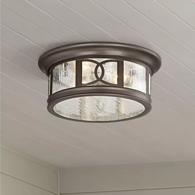 John Timberland Modern Flush Mount Outdoor Ceiling Light Fixture Mission Oil Rubbed Bronze Drum 12" Seedy Glass Damp Rated For Porch Patio 1 John Timberland Modern Flush Mount Outdoor Ceiling Light Fixture Mission Oil Rubbed Bronze Drum 12" Seedy Glass Damp Rated For Porch Patio