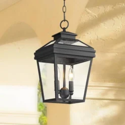 John Timberland Stratton Street Rustic Outdoor Hanging Light Textured Black Lantern 16 1/2" Clear Glass For Post Exterior Barn Deck House Porch Yard