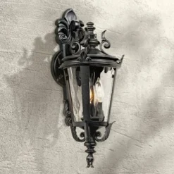 John Timberland Casa Marseille Vintage Rustic Outdoor Wall Light Fixture Textured Black Scroll 21 3/4" Clear Hammered Glass For Post Exterior Barn