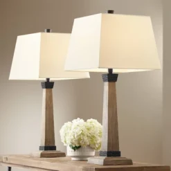 John Timberland Buchan Rustic Farmhouse Table Lamps 29 1/2" Tall Set Of 2 Faux Wood Oatmeal Square Shade For Bedroom Living Room Bedside Nightstand
