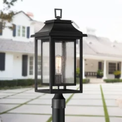 John Timberland Cecile 23 1/4" High Mission Outdoor Post Mount Light Fixture Pole Porch House Box Lantern Weatherproof Black Clear Seeded Glass Shade