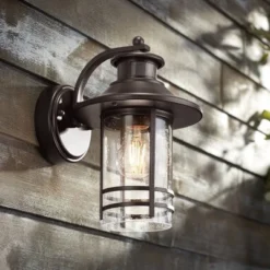 John Timberland Galt Outdoor Mission Wall Light Fixture Oil Rubbed Bronze Motion Sensor Dusk To Dawn 11 1/4" Seedy Glass For Post Exterior Barn Deck