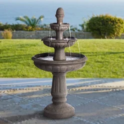 John Timberland Italian Style 3 Tier Outdoor Floor Water Fountain With Light LED 43" High Gray Faux Stone Garden Patio Backyard