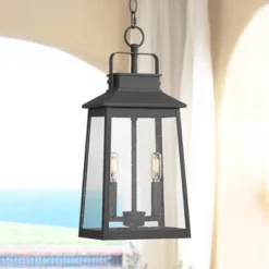 John Timberland Jubliee 19 1/4" High Modern Outdoor Pendant Light Fixture Ceiling Porch House Exterior 2-Light Hanging Black Metal Clear Glass Shade
