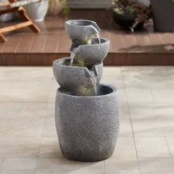 Four Bowls 32" High Large Zen Modern Indoor Outdoor Decor Gray Faux Stone Floor Fountain With Light LED Cascading Outside Garden