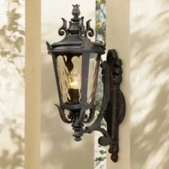 John Timberland Casa Marseille Vintage Rustic Outdoor Wall Light Fixture Veranda Bronze Scroll 22" Champagne Hammered Glass For Post Exterior Barn