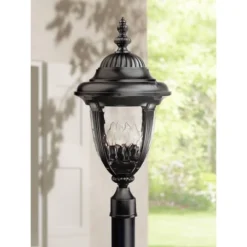 John Timberland Bellagio Vintage Rustic Outdoor Post Light Textured Black 24 1/2" Clear Hammered Glass For Exterior Barn Deck Post Light House Porch