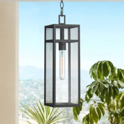 John Timberland San Lucas 19 1/2" High Modern Outdoor Pendant Light Fixture Ceiling Porch House Exterior Hanging Sand Black Metal Clear Glass Shade