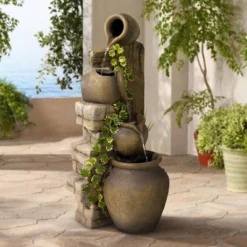 John Timberland Cascading Rustic Three Jugs Outdoor Floor Water Fountain 33" For Yard Garden Patio Home Deck Porch House Exterior Balcony Roof