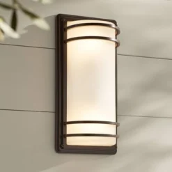 John Timberland Habitat Modern Outdoor Wall Light Fixture Rubbed Bronze 16" Opal Etched Glass For Post Exterior Barn Deck House Porch Yard Patio Home