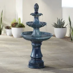 Formentera 46" High Large Italian Indoor Outdoor Decor Teal Blue Ceramic Floor Fountain With Light LED 3-Tier Outside Garden Patio