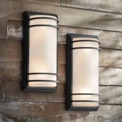 John Timberland Habitat Modern Industrial Outdoor Wall Light Fixtures Set Of 2 Black Metal 16" Frosted Glass For Post Exterior Barn Deck