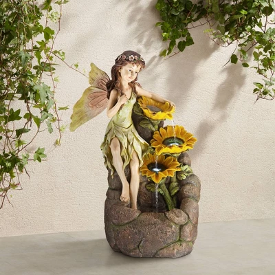John Timberland Garden Fairy With Sunflowers Modern Cascading Outdoor Floor Water Fountain With LED Light 26" For Yard Garden Patio Home Deck Porch 1 John Timberland Garden Fairy With Sunflowers Modern Cascading Outdoor Floor Water Fountain With LED Light 26" For Yard Garden Patio Home Deck Porch